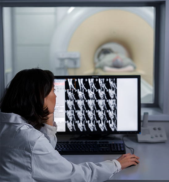 female observing coronary scan